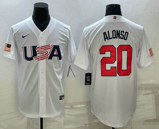 Men%27s USA Baseball #20 Pete Alonso 2023 White World Baseball Classic Stitched Jerseys